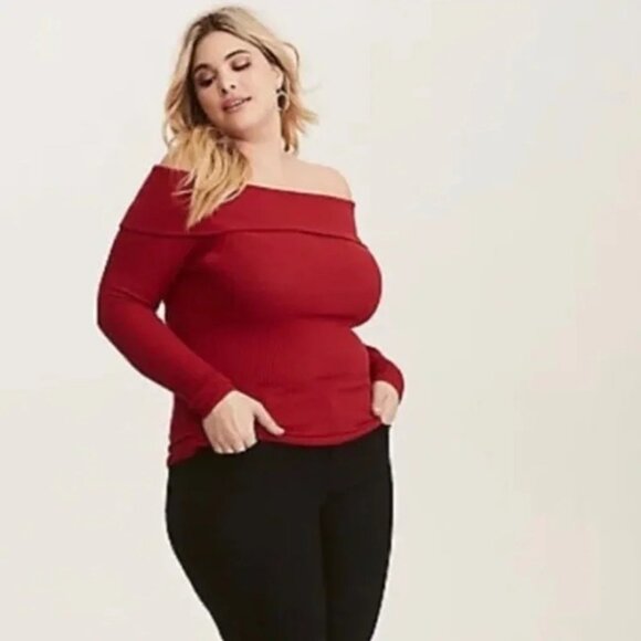 Torrid women's shirt 2x red rib knit off the shoulder long sleeve top - Picture 1 of 9